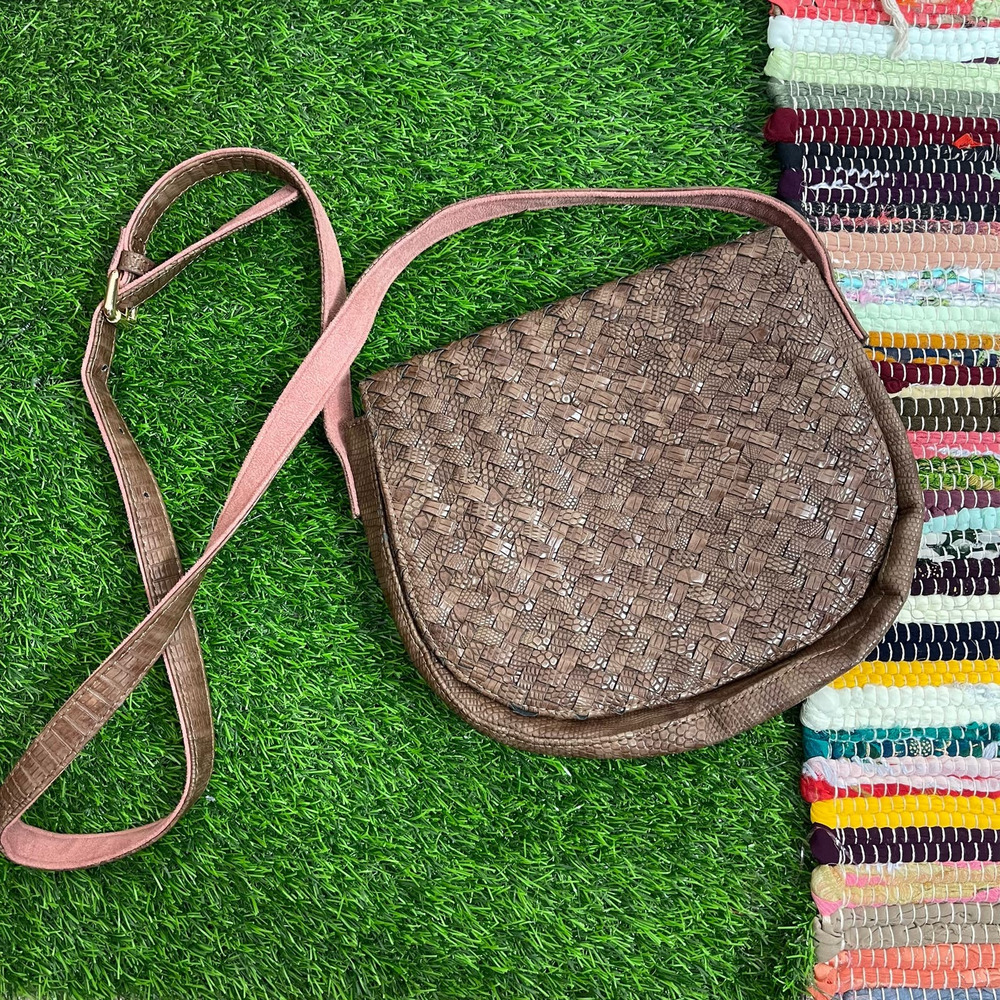 Deux Lux Basket Weave Print Crossbody Purse Brown Pink